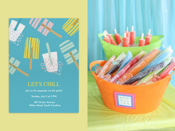 Ice pop invitation next to an image of frozen desserts on a table.