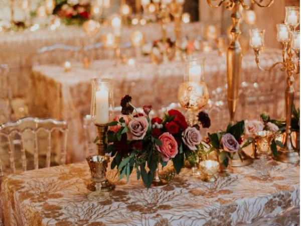 Gold table setting with mercury glass and fall florals (image from Pinterest).