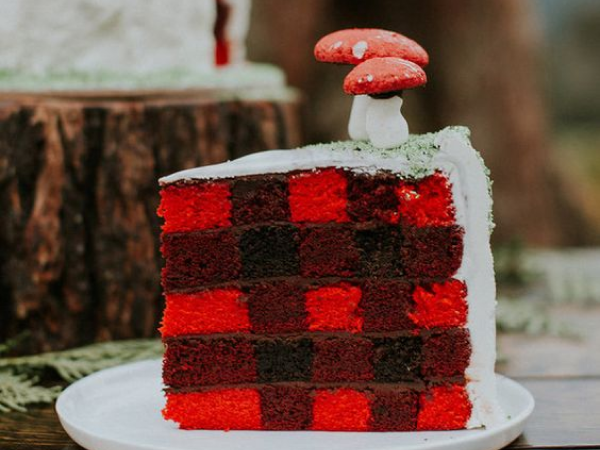 Slice of cake with a buffalo check pattern inside and sugar mushrooms on top (image from Pinterest).