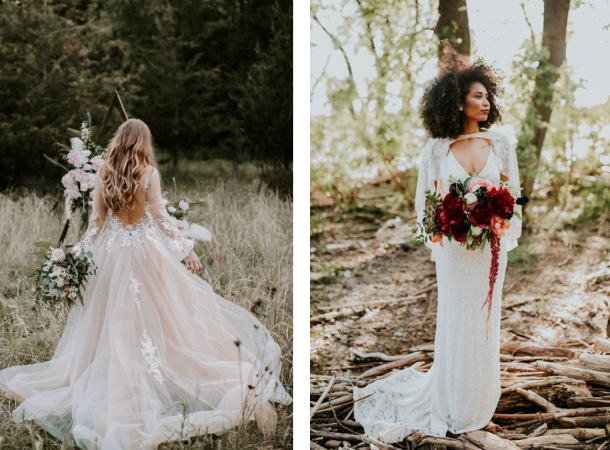 Woman in flowy boho dress and another women in a white dress with a draped bolero (images from Pinterest).