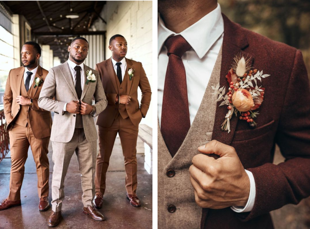 Image of groomsmen in a range of earth-tone suits and a close-up of a fall boutonniere (image from Pinterest).