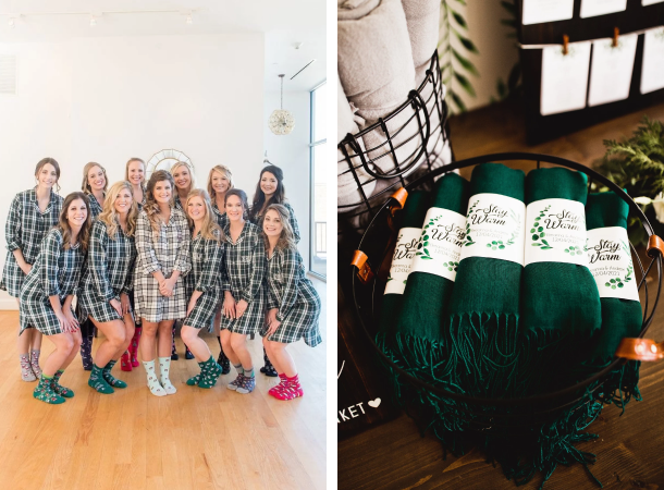 Group of bridesmaids in matching plaid nightshirts and a basket filled with green shawls (images from Etsy).