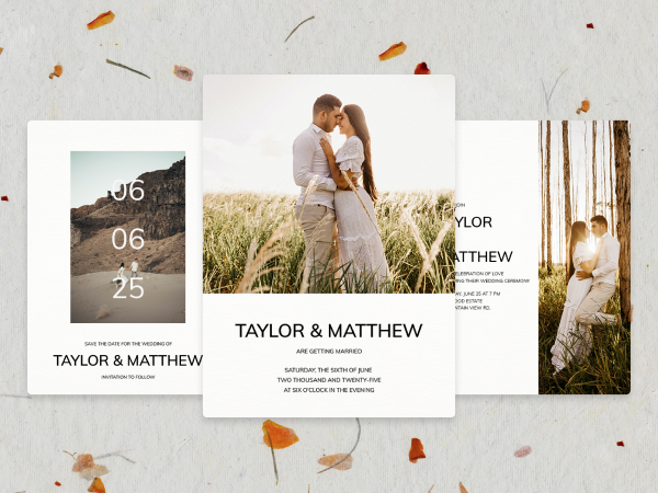 Collection of matching minimalist wedding invitations.