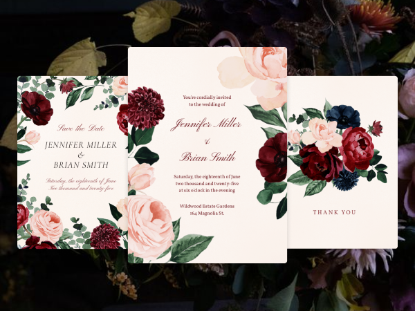 Collection of matching blush and burgundy floral wedding invitations.