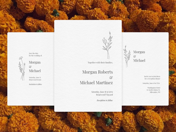 Collection of matching wedding invitations with simple floral line drawings.