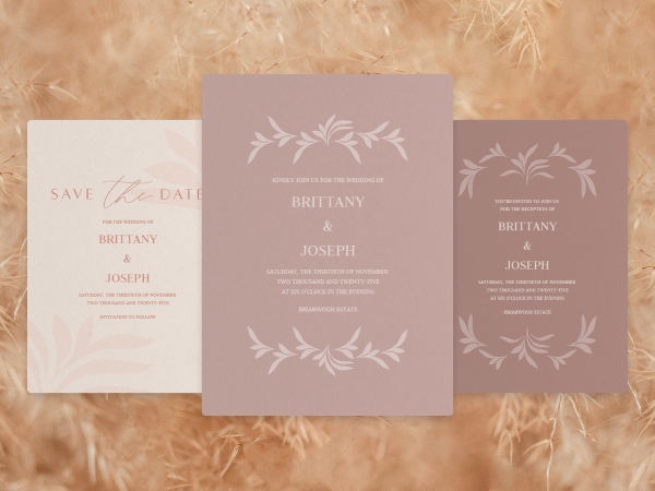 Collection of matching wedding invitations in various earth tones with branches.