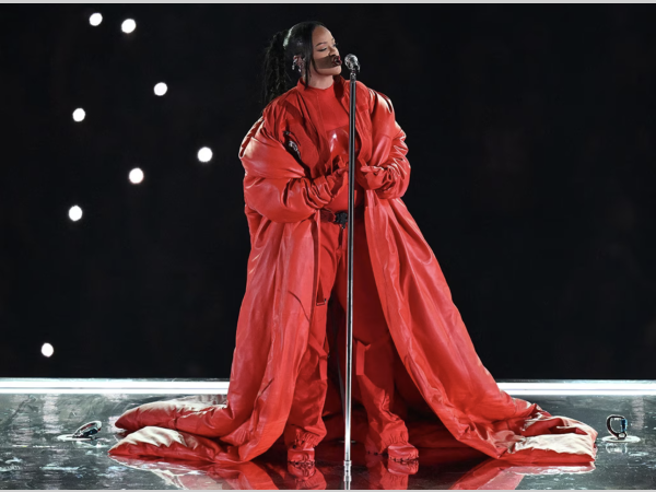 Image of Rihanna performing at the Super Bowl.