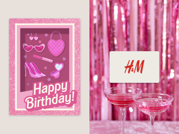 Happy Birthday card with a pink fashion doll box design.