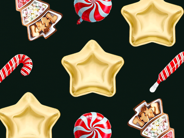 Star-shaped plates, tree-shaped serving platters, and candy cane balloons.