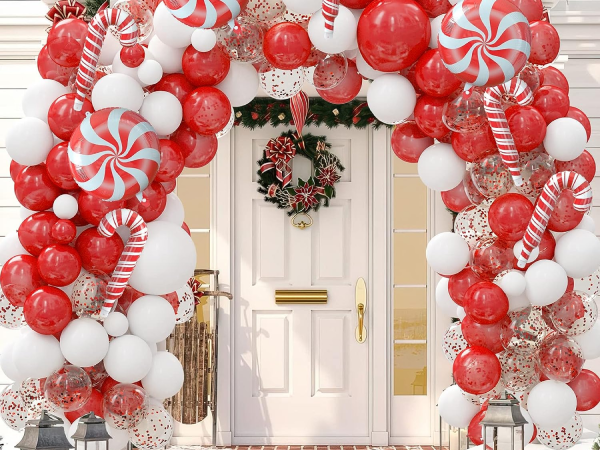 A red and white balloon arch.