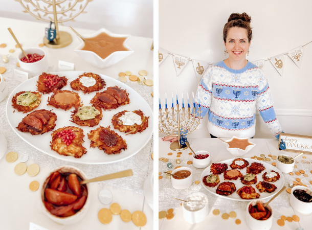 A close up of latkes on the left and a picture of Ariel posing with latkes and a menorah on the right.