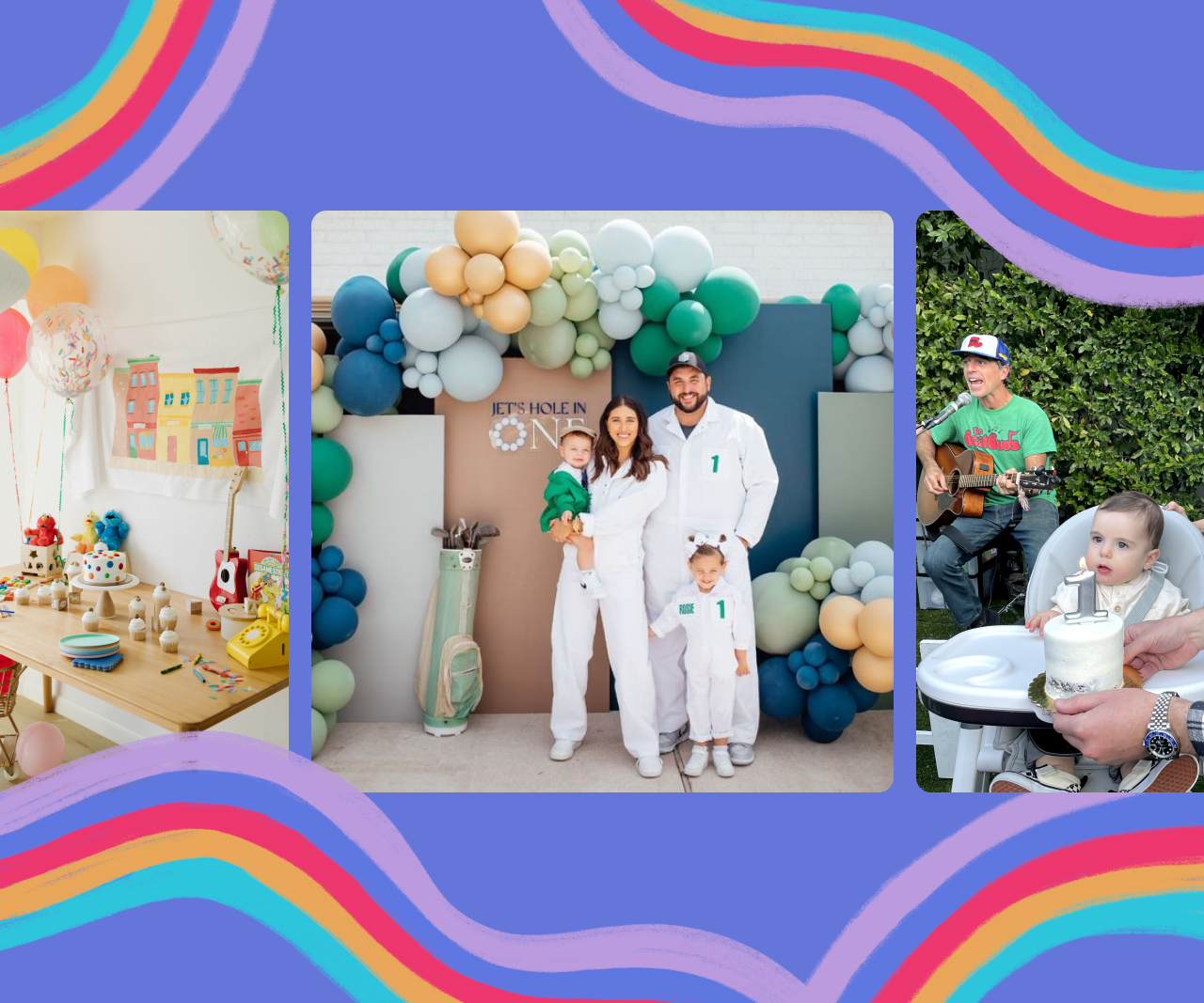 Collage of people celebrating a first birthday with a wavy rainbow background.