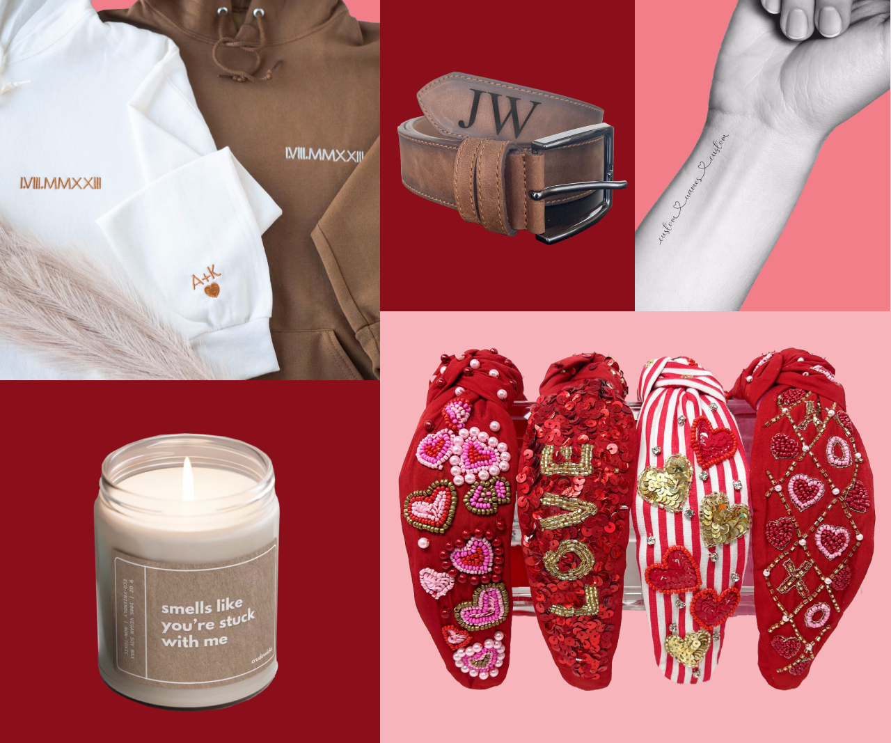 Collage of Valentine's Day gifts, including personalized sweatshirts, belts and temporary tattoos.