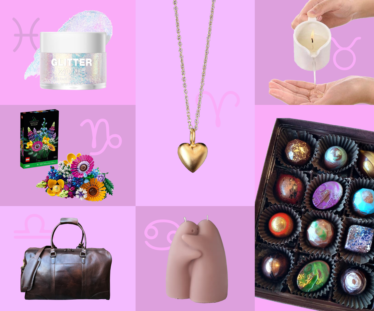 Collage of Valentine's Day gifts with zodiac signs in the background.