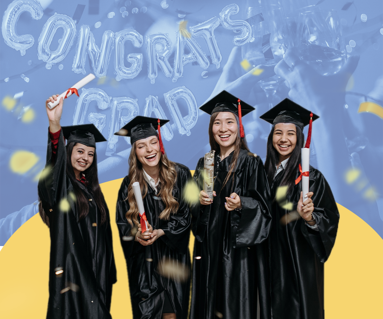 A group of students in caps and gowns holding diplomas.