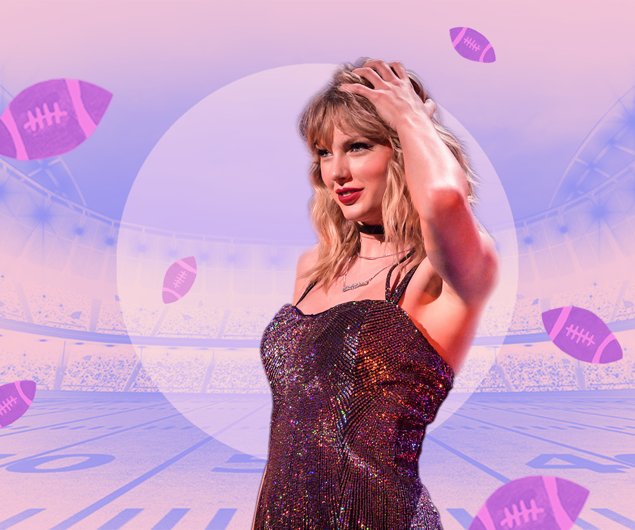 Image of Taylor Swift with a pink football stadium in the background.