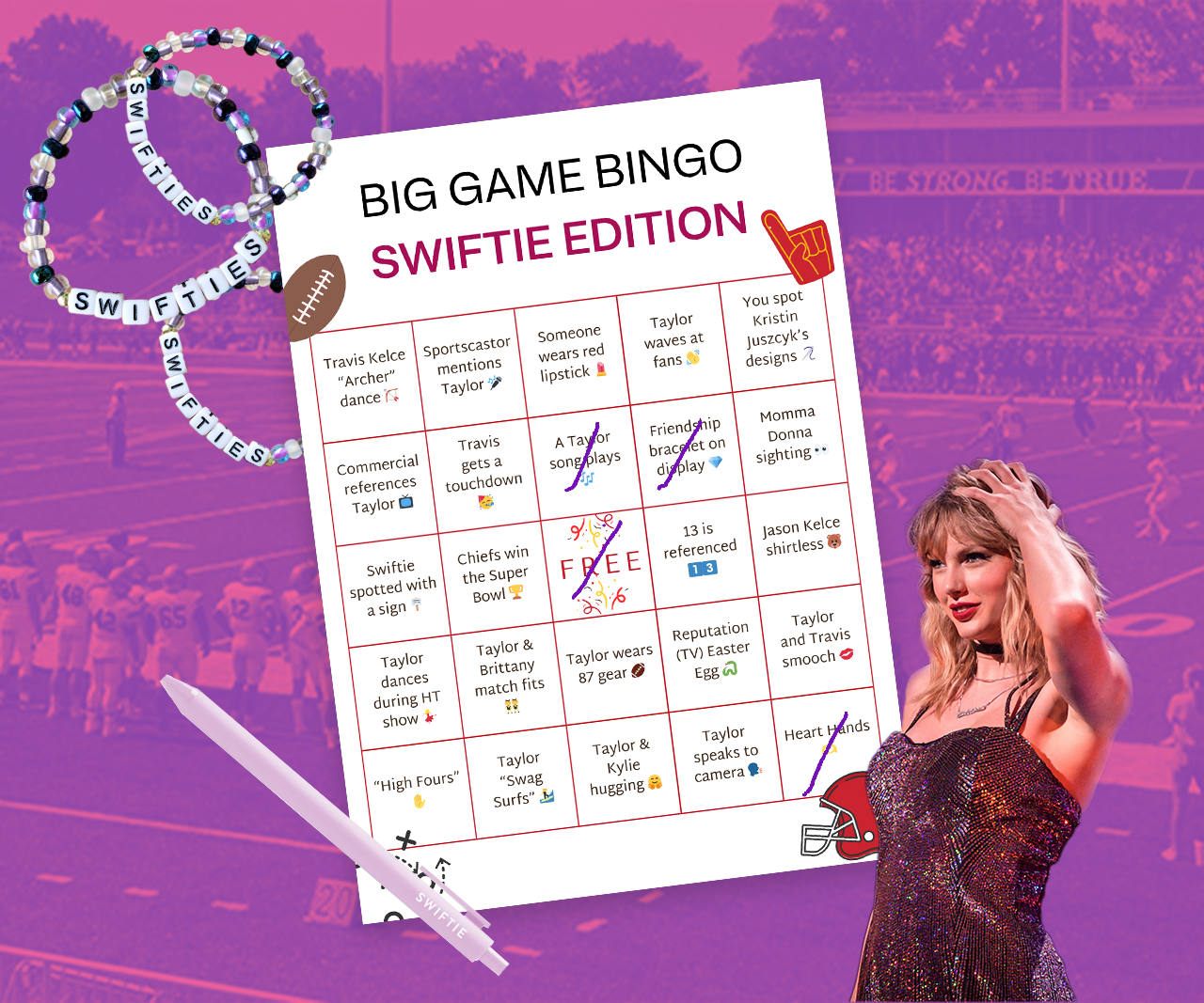 Image of bingo card for the Super Bowl with a photo of Taylor Swift from Shutterstock on it.