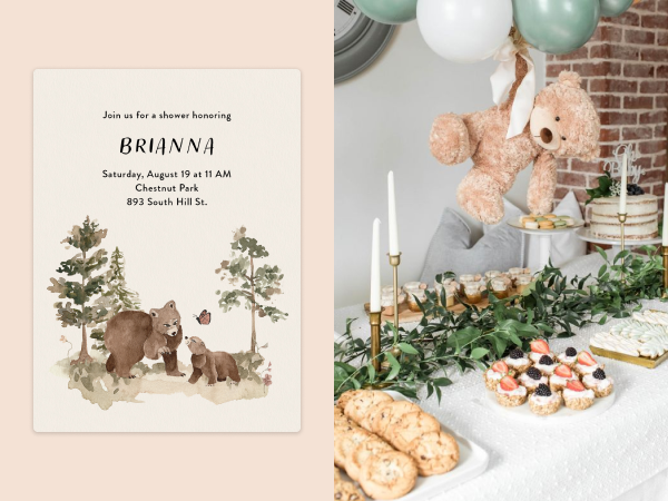 A watercolor bear invitation next to a photo of a teddy bear-themed baby shower.