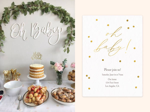 Cake with "oh baby" sign over it next to a matching invitation.