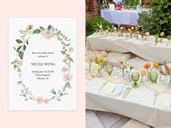 A wildflower invitation next to a backyard with floral decor on tables.