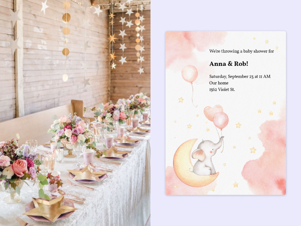 A tablescape with star plates and pink florals next to an invitation with a pink elephant and stars.