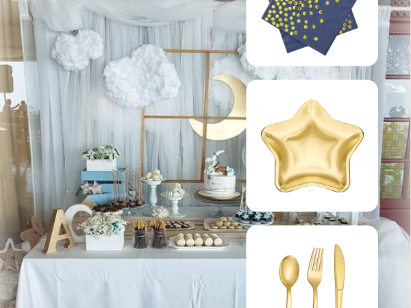 Collage of celestial-themed baby decor and supplies.