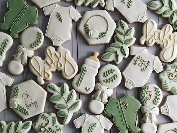 Royal icing cookies in baby shower designs.