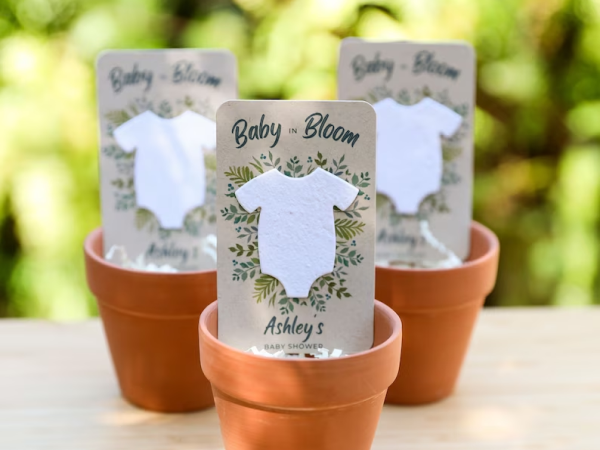 Seed cards in the shape of baby one-pieces.