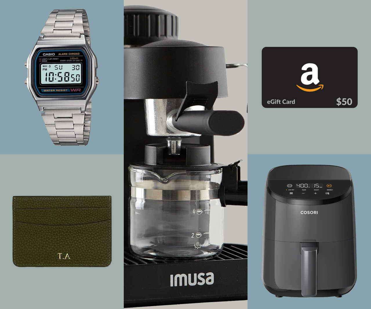 A collage of gifts, including an espresso machine, air fryer, watch, wallet and Amazon eGift card.