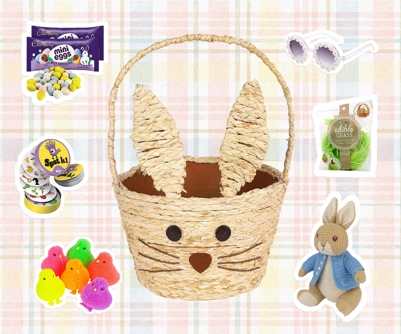 Collage of Easter basket items, including a bunny-shaped basket, Peter Rabbit plush, chocolate eggs and daisy sunglasses.