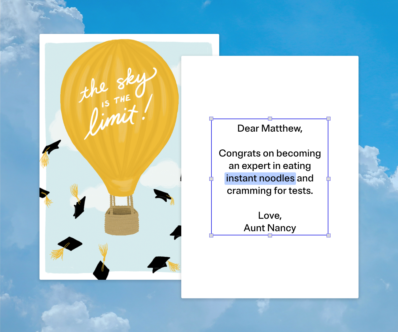 A graduation card with a personal note.