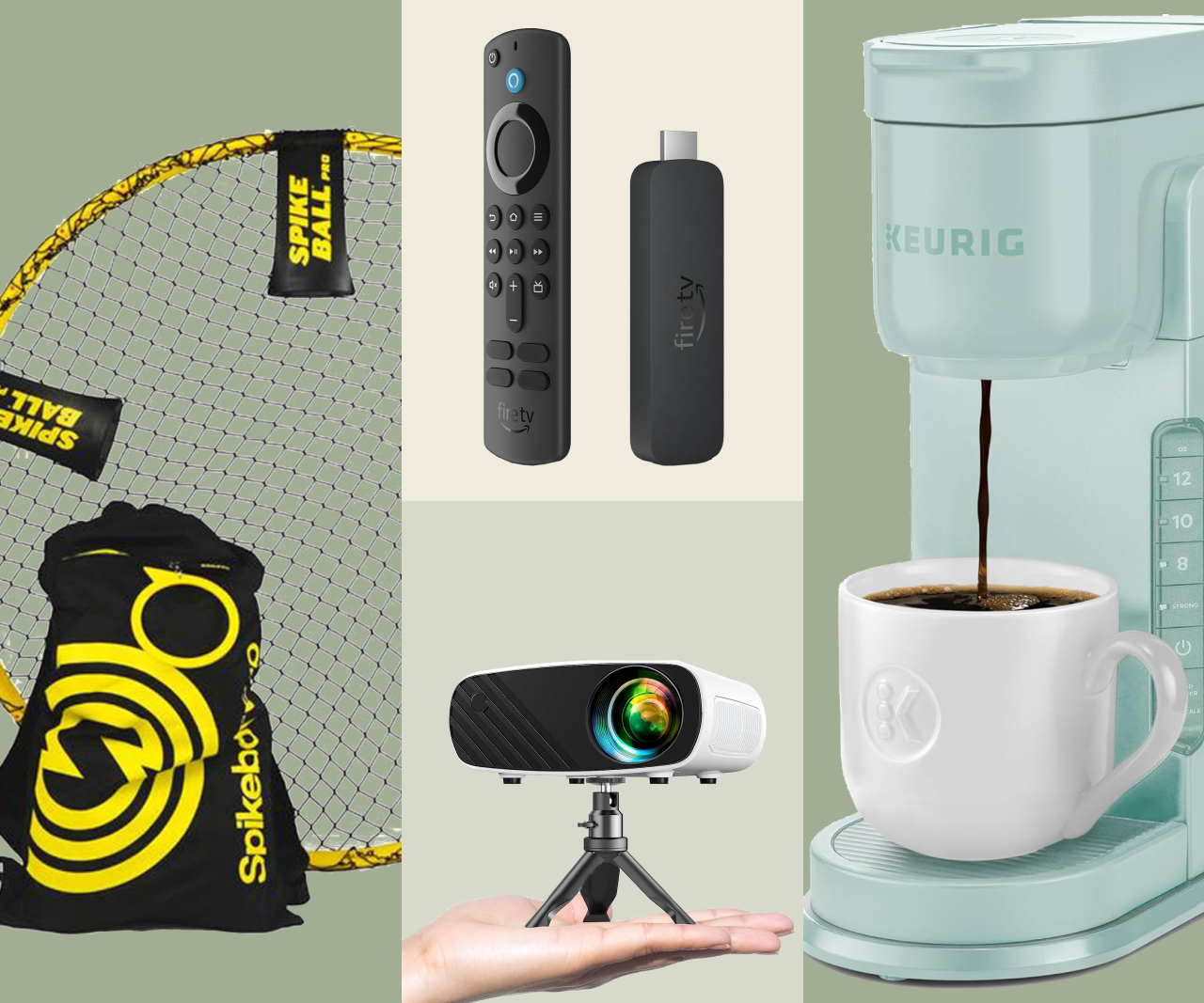 Collage of gifts for a high school grad, including a coffee maker and spikeball set.