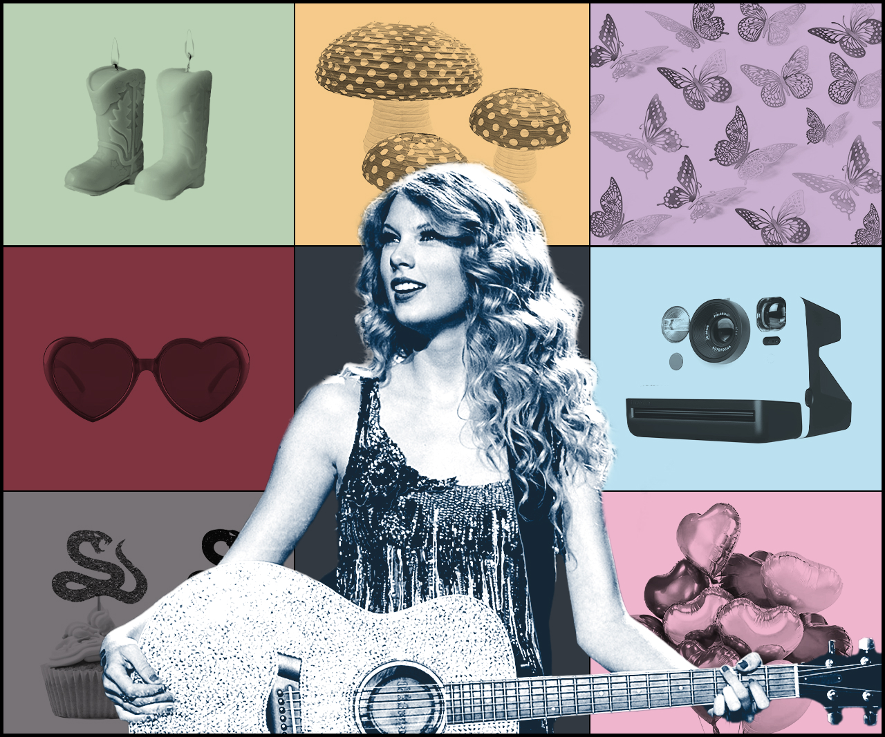 An image of Taylor Swift surrounded by various party products.