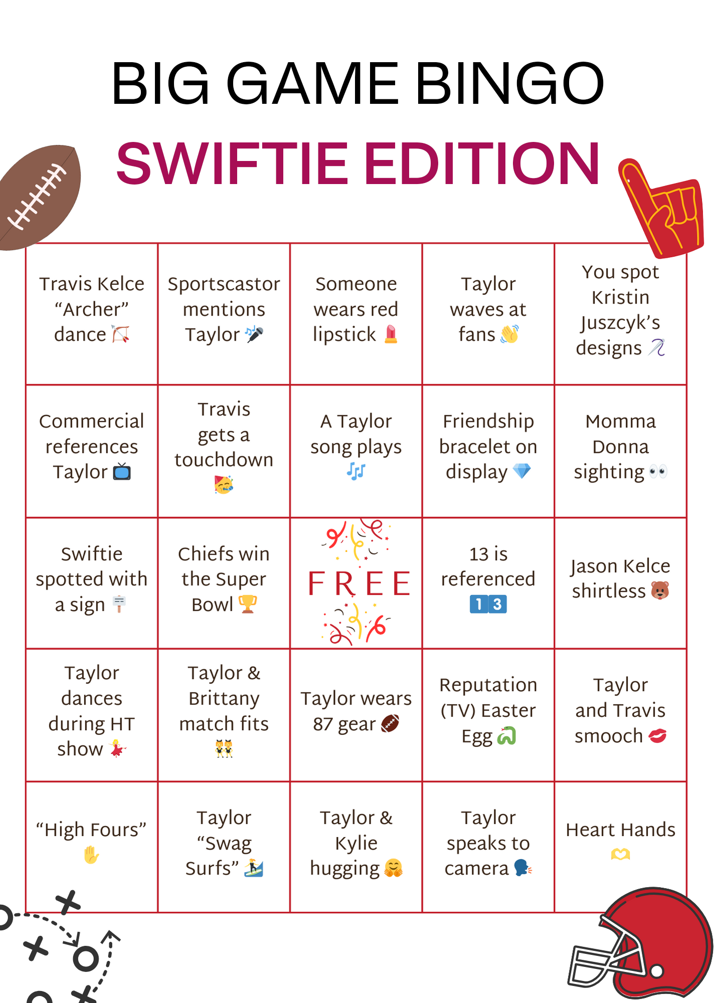 Bingo card for Swifties watching the Super Bowl.